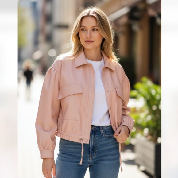 NWT 7 for All Mankind Peach Faux Leather Crop Bomber Jacket Small Relaxed - Picture 1 of 8